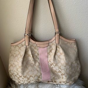 Vintage Coach Signature Tote Bag Purse Canvas Authentic cream and pink